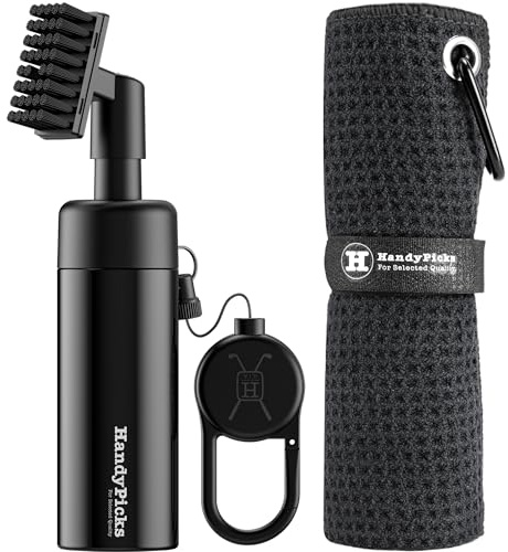 Handy Picks Golf-Wasserbürste – verstärkter Bürstenkopf – 160 ml Pumpe, Strahlwasser – strapazierfähiger, einziehbarer Magnetclip und Premium-Mikrofaser-Golf-Handtuch – das ideale