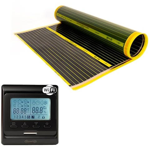 Warmcoin™ PTC Infrarot Heizfolie, elektrische Fußbodenheizung, 50 cm, Set, 190 W/m² mit und ohne Thermostat (W51 WIFI Schwarz Thermostat, 5 lm = 2.5m²)