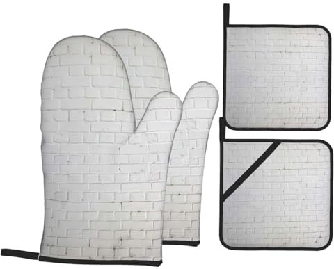 CHUNMINW Set di guanti da forno e presine con stampa a muro di mattoni bianchi antichi e presine, 4 pezzi, resistenti al calore, per cucinare 17,8 x 27,9 cm