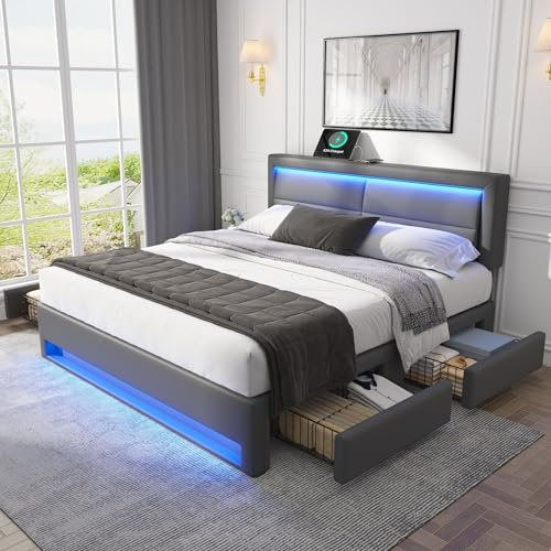 Dolamaní Boxspringbett 140 x 190 cm mit Vier Schubladen, große Stauraum, Polsterbett mit Kopfteil und Fußteil mit LE/D, Stauraumbett für Erwachsene & Jugendliche, PU (Grau)