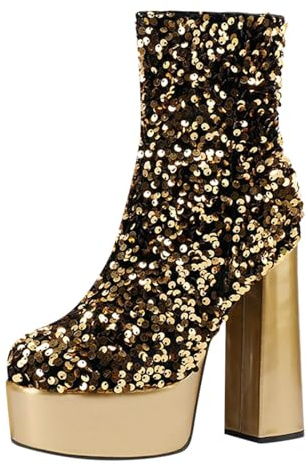 Glitzer Schuhe,Glitter Plateau Stiefeletten Damen Sparkly Block High Heels Kurzschaft Stiefel Metallic Color Disco-Tanzschuhe Ankle High