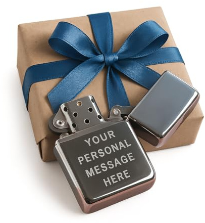 Personalised Metal Flip Windproof Lighter - Custom Engraved Message for Him or Her, Birthday Gifts for Men | Chrome Gold Finish Flip UP lighters (Silver Finish)