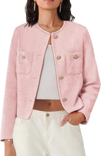 Juankrynord Giacca da lavoro in tweed corta casual con bottoni a maniche lunghe da Donna primavera 2025 manica lunga colletto rotondo arrotolato blazer casual con bottoni e tasche (Pink,L)