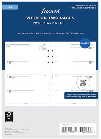 Filofax Kalender A5 1 Woche auf 2 Seiten 4x4Sp.(mehrsprachig)2026