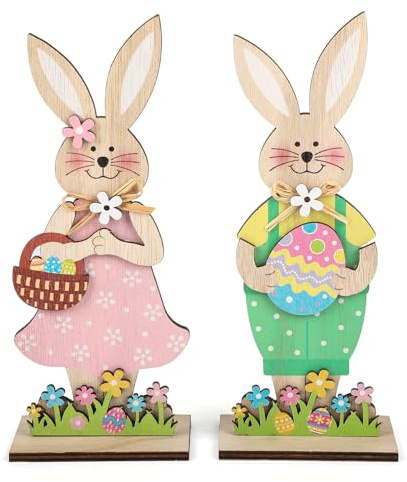 COCHIE Stand up Wooden Bunnies Easter Bunny Decorations, Easter Table Decorations for Easter Spring Home Office Decor Set of 2