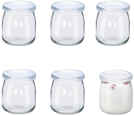 Meng Jiaran 6Pcs 7oz/200ml Yogurt Pudding Glass Jars with Plastic Lids, Small Glass Jars with Lids, Reusable Mini Clear Glass Bottles for Overnight Oats, Spice, Jam, Juice