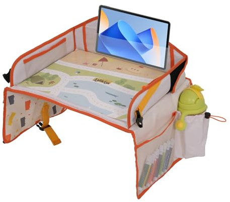Jovikids Travel Tray for Kids Car Seat, Tray Table with Storage, Educational Toy and Erasable Drawing Surface, Activity Lap Tray for Aeroplane and Long Car Journey, Kids Travel Tray (Beige)