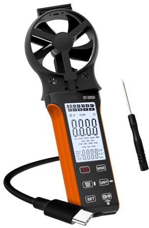 TIEOAXFT Anémomètre portatif, Compteur de Vitesse du Vent CFM, Vitesse du Flux d'air Rotatif CVC, Volume du Vent, jauge Rechargeable, BT-5000D
