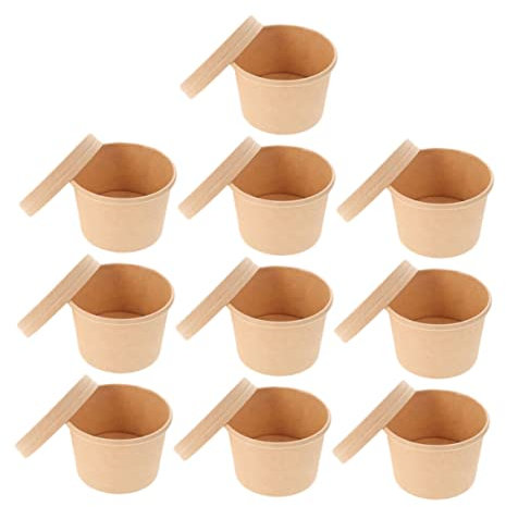 ERINGOGO Ciotole Monouso Per Gelato e Dessert 8oz Set Da 10 Pezzi Coperchio in Carta Kraft Resistenti e Pratiche Per Feste Compleanno e Eventi