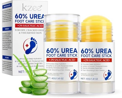 Urea Foot Cream 60 Percent for Cracked Heels and Callused Feet, Foot Moisturiser Stick for Dry Rough Skin, Cracked Heel Repair Cream with 2% Salicylic Acid, Non-Greasy Fast Absorbing Foot Balm, 2PCS