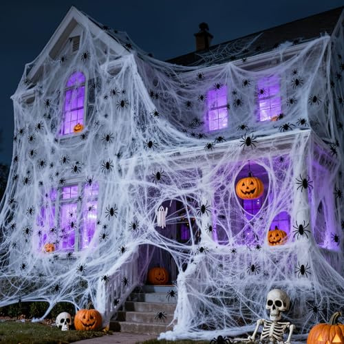 AUIFFER Ragnatela Halloween 200g con 60 Ragni Finti, Decorazioni Spaventose per Interno Esterno, Addobbi Casa Giardino Finestre Porte, Accessorio per Festa di Halloween