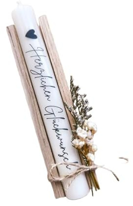 Herzlichen Glückwunsch - Stabkerze mit Spruch - Geschenkset - Kerze mit Text - Trockenblumen - in Holzbox Holzverpackung - Geburtstag - Prüfung - Geschenk - Mitbringsel