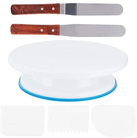 Xyntor Cake Decorating Turntable Set 6Pcs | 11 Inch Rotating Stand with Stainless Steel Scraper | Grip Base for Buttercream / Fondant / Baking | 5 Scrapers & Even Texture