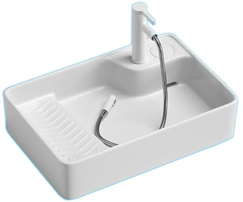 Modernes Waschbecken aus Weißer Keramik mit Waschbrett, Einbauwaschbecken mit Ausziehbarer Armatur für Badezimmer, Waschküche und Balkon(60x40x15cm/24x16x6in)