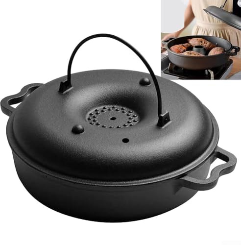 Poêle à rôtir en fonte avec couvercle pour four, barbecue extérieur et camping – Poêle à griller ronde robuste pour patates douces, ailes de poulet, légumes – 27 x