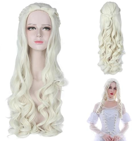 ZXTGBQ Damen PerüCke Blond PerüCke Lang Gewellten Lockig, KarnevalsperüCke, KöNiginperüCke Erwachsener,Wikinger Wig, Hochwertige Cosplay-PerüCke FüR Cosplay Halloween Kostüm, Mittelalter Wig Dame