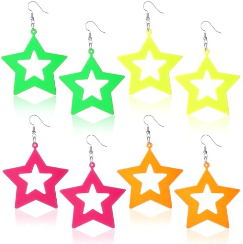4 Paar Stern Ohrringe 80er Jahre Damen, Neon Outfit Damen Neon Ohrringe Stern Bunte Accessoires Retro Schmuck Acryl 7.8×5.2cm für 80er Kostüm Mottoparty Kostüm Party Maskerade Frau Mädchen