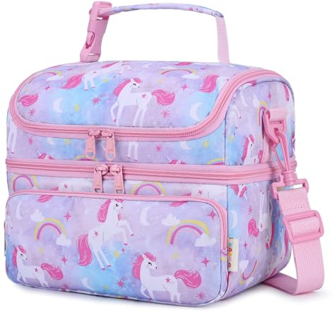 Kasgo Kids Insulated Lunch Bag, 7.5L 2-Tier Girls Lunch Box Pink Unicorn | Large, BPA-free PEVA Wipe-clean Lining, Detachable Strap, Clip-on Handle, Water-resistant, 3H Warm, 2H Cold, School, Picnic