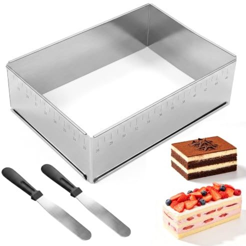 JTOOYS Cadre de cuisson rectangulaire réglable - En acier inoxydable - Rectangulaire avec spatule - Moule à gâteau carré - Moule à gâteau rectangulaire - Plaque de cuisson extensible pour gâteaux en
