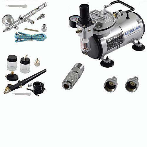 Agora-Tec® Airbrush Komplett-Set EXPERT I.3, inkl. Kompressor mit 4 bar und 20l/min + 2 Airbrushpistolen mit 0,2 & 0,3 & 0,8mm Nadeln/Düsen + 2-Schnellkupplungen + 1 Schlauch + Adapter