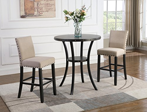 Roundhill Furniture Biony 3 Piece Set - 36 Round Espresso Bar Table with Nail Head Stools, Tan