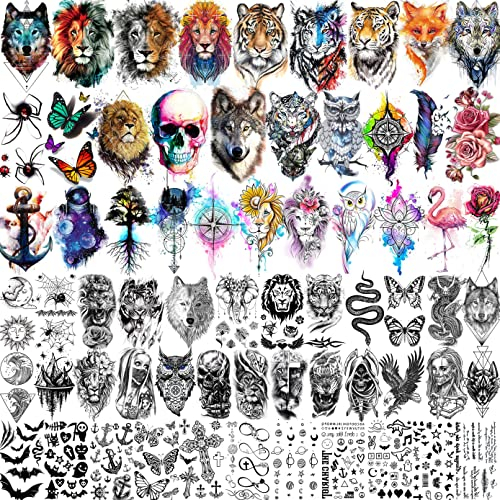 LAROI 66 Blatt Bunt Tattoo Zum Aufkleben Herren Damen, Schwarz Löwe Tiger Wolf Temporär, Aquarell Skelett Fake Klebe Set Kit Mond Schlange für Erwachsene Frauen Männer