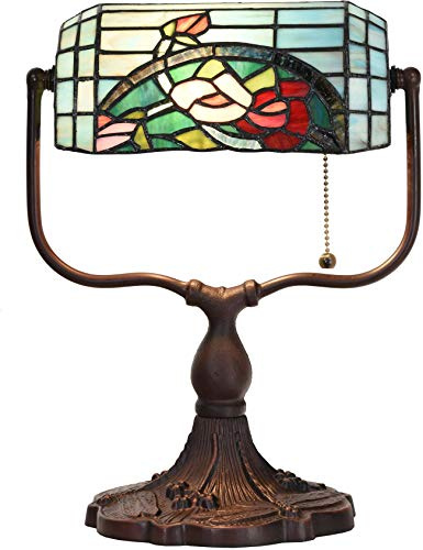 Bieye L10760 Rose Flower Tiffany Style Stained Glass Bankers Desk Lamp Table Lamp for Working Office Living Room Bedside Home Decoration, 9 W x 15 H, Red Green