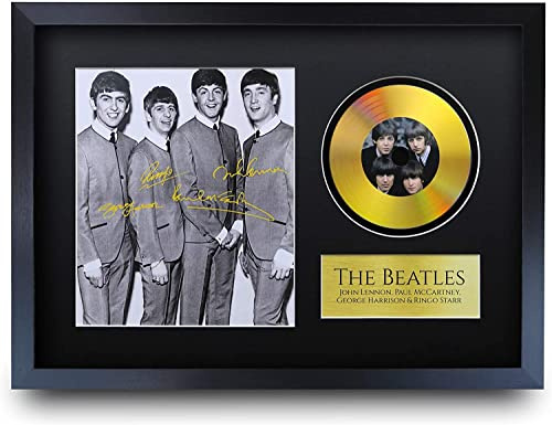 HWC Trading A3 FR Beatles John Lennon Paul McCartney George Harrison Ringo Starr Geschenke Autogramm Bild mit einem Gold-Disk-Image-Druck für Music Memorabilia Fans Signed - A3 Eingerahmt