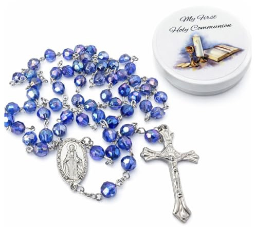 Westmon Works Chapelet de première communion avec perles à facettes bleues avec calice en métal et crucifix Catholique Deluxe Set avec boîte, Métal, Pas de gemme