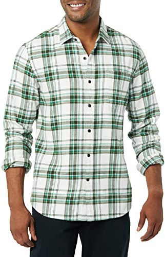 Amazon Essentials Men's Långärmad rutig flanellskjorta smal passform (färger i begränsad upplaga), Grön Vit Rutig, M