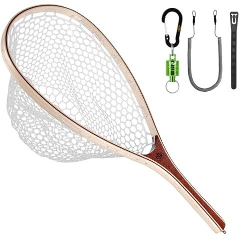 SF Fly Fishing Landing Net Soft Silicone Rubber Small Mesh Catch and Release Wood Frame Trout Net with Green Magnetic Release Combo Kit