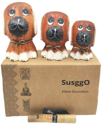 SusggO Set 3 Hundefiguren aus Holz - Dekorativer Hund - Hundefigur Hundedekoration - Miniaturhunde - Hündchen - Basteln - Heimdekoration - Heimdekorationsidee - Möbeldekorationsidee (Braun Mod 1)