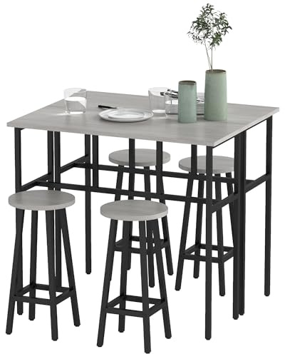 HOMCOM Set 6 Pz con 4 Sgabelli da Bar e 2 Tavoli Alti per Cucina e Soggiorno in Legno Truciolato e Acciaio, Grigio