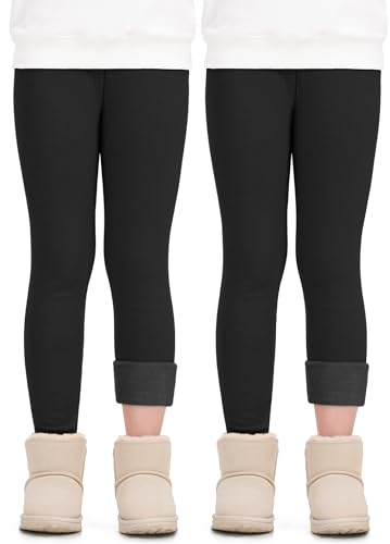 Auranso Girls Winter Warm Cotton Fleece Lined Leggings Thick Thermal Tights Pants Pack of 2, 7-8 Years Black