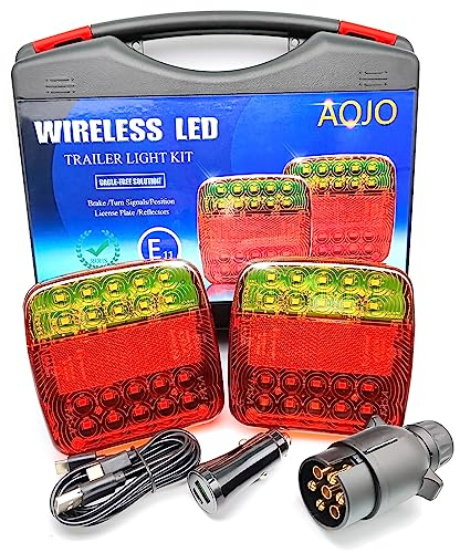 AOJO Funk Anhänger LED Rückleuchten Satz 7 Polig, KFZ 12V Kabelloss Rücklicht Magnet, Wasserdicht, Wiederaufladbar, E-prüfzeichen