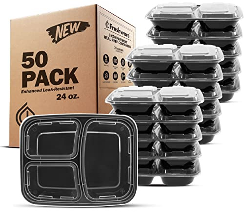 Freshware Meal Prep Containers [50 Pack] 3 Compartment Food Storage Containers with Lids, Bento Box, BPA Free, Stackable, Microwave/Dishwasher/Freezer Safe (24 oz)