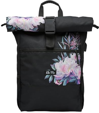 Ela Mo® Rolltop Rucksack Damen - Rollrucksack Anti Diebstahl für Sport & Reisen - Laptoprucksack für Schule, Uni, Business - Mit USB Anschluss & kompaktem Flaschenhalter - Beauty in Darkness