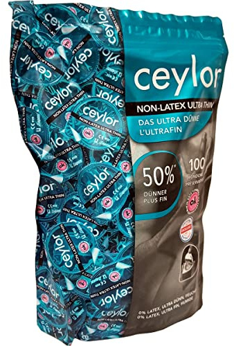 Ceylor Non-Latex 100 ultradünne, latexfreie Kondome für Allergiker, hypoallergen und geruchslos, Großpackung, verpackt im hygienischenDösli, einfach zu öffnen, Premium-Qualität