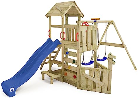 WICKEY Spielturm Klettergerüst GalleyFlyer mit Schaukel & Wellenrutsche, Garten Kletterturm für Kinder mit Sandkasten, Kletterleiter & Spiel-Zubehör – blau