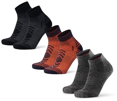 DANISH ENDURANCE Calze Trekking Corte Lana Merino, Calzini Termici Anti-Vesciche, Unisex, 3 Paia, Multicolore (1x Blu Navy/Arancione, 1x Nero, 1x Grigio Scuro), 43-47