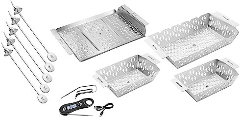 ZWILLING BBQ+ 10-teiliges Grill-Essential-Set, 5-teiliges Spieß-Set, Grillaufsatz, Grillkorb - Mittel, 2 x Grillkorb - Klein, Digitales Kochthermometer