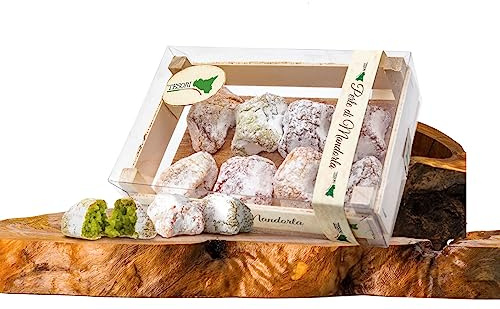 Paste di Mandorla Siciliane Artigianali, cassetta regalo in legno, confezionate in monoporzione gusti assortiti, dolci Siciliani alle mandorle, senza glutine, 140g