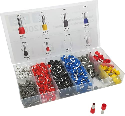 KabelDirekt – Aderendhülsen-Set mit 1.200 Teilen – isolierte Hülsen für Leitungs-Querschnitte von 0,5-10 mm², farblich kodierter Schutzkragen (DIN 46228) – feste, spleißfreie Verbindung für Kabelenden