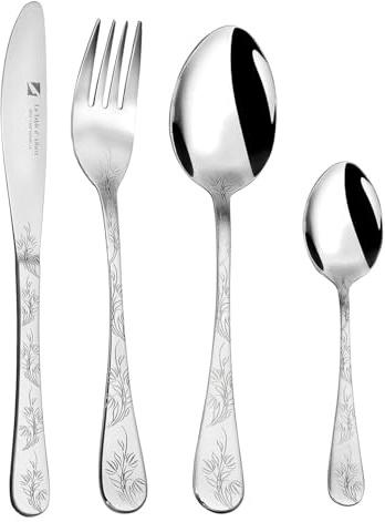 Albert de Thiers - ACOX012024 - Ménagère 24 Pièces - Collection Camélia - 6 Couteaux, 6 Fourchettes, 6 Cuillères à Soupe, 6 Cuillères à Café - En Inox - Manches Décor Laser Fleuri