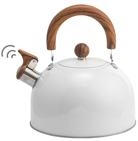 Whistling Tea Kettle Wood Handle 3L Food Grade Stainless Steel Polished Teapot Odor-Tea Pot Whistling Tea Kettle Tea Kettle Stovetop for Induction Cooker Stovetop, White