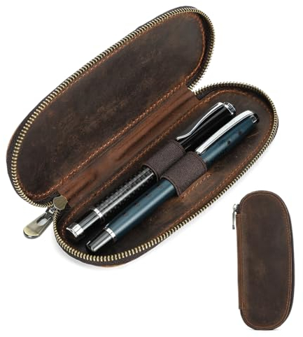 Contacts Stifteetui aus echtem Leder, handgefertigt, Vintage-Stiftehalter, Stift-Schutzhülle für Reisen, elegantes Schreibtisch-Accessoire, Bleistift-Organizer-Box, Kaffee-2-Reißverschluss