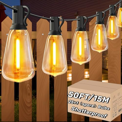 AzureStar Festoon Lights 15M Mains Powered LED Garden Festoon Lights with 25+1 Waterproof ST38 Vintage Bulbs for Outdoor Patio Pergola Party Terrace Decor Linkable