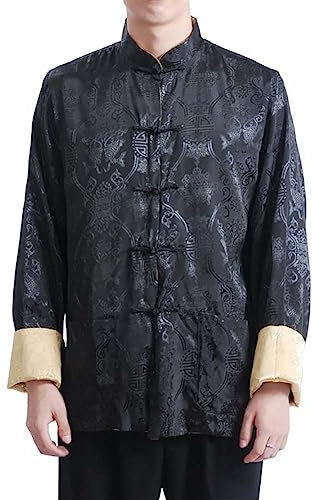 Chaqueta de traje Tang para hombre, diseño de dragón, chino, tradicional, rana, botón, manga larga, cuello alto, abrigo de Kung Fu Wing Chun Uniforme, Negro y dorado., L
