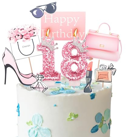 Decoración para tarta de cumpleaños número 18, velas de cumpleaños rosas con el número 18 para tarta de cumpleaños, decoraciones para tartas de cumpleaños 18 años, decoraciones de pastel de cumpleaños