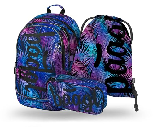 Baagl Schulrucksack Set Mädchen 3 Teilig Schultasche Grundschule - Palm | Ergonomischer Schulranzen mit Brustgurt für Volksschule Ranzen CORE Ergonomischer Schulranzen mit Brustgurt Volksschule.